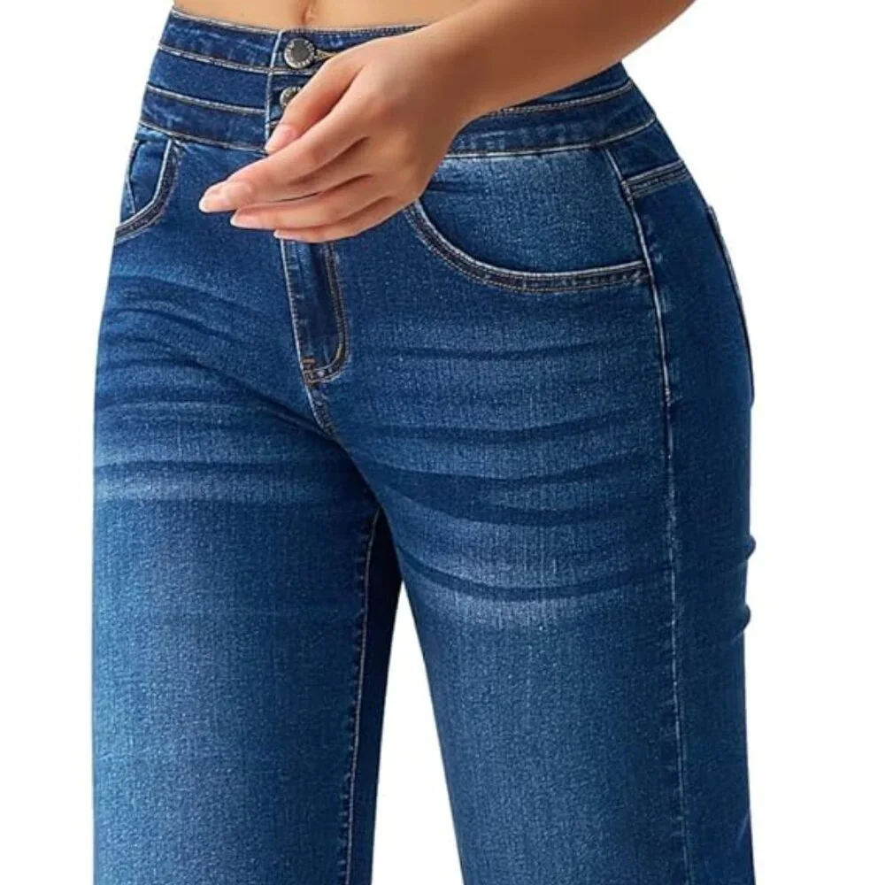ROSWEAR Women's Wide Leg Jeans Casual High Waisted Stretch Sz: M Blue
